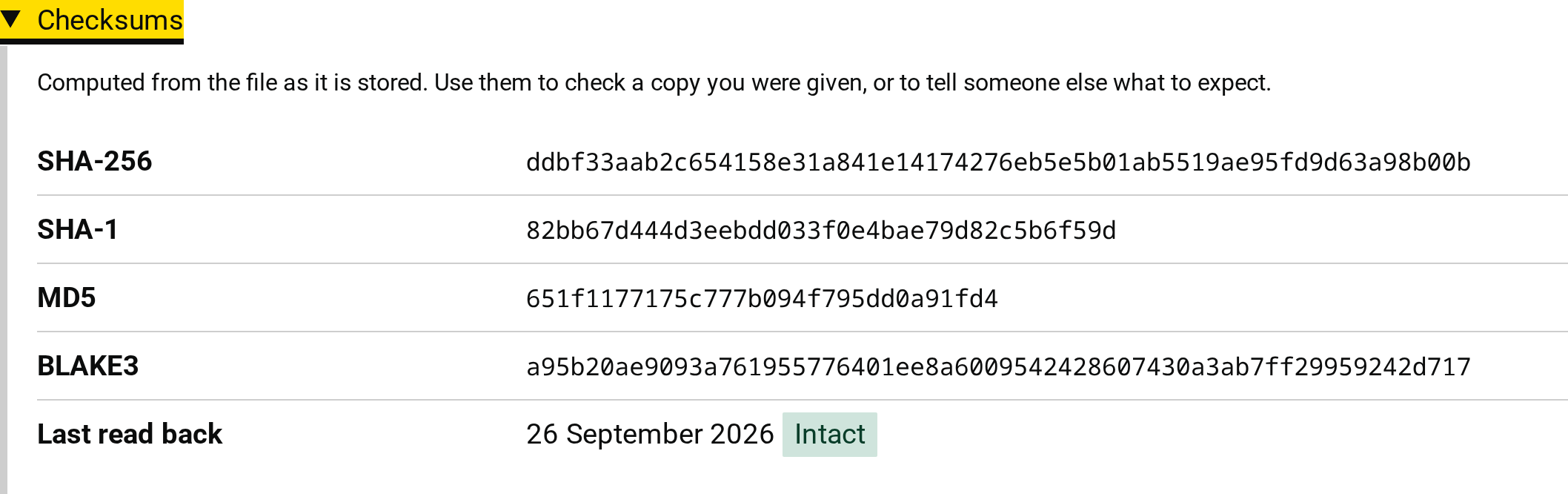 The checksums of an original file: BLAKE3, SHA-256, SHA-1 and MD5, and when they were last read back.