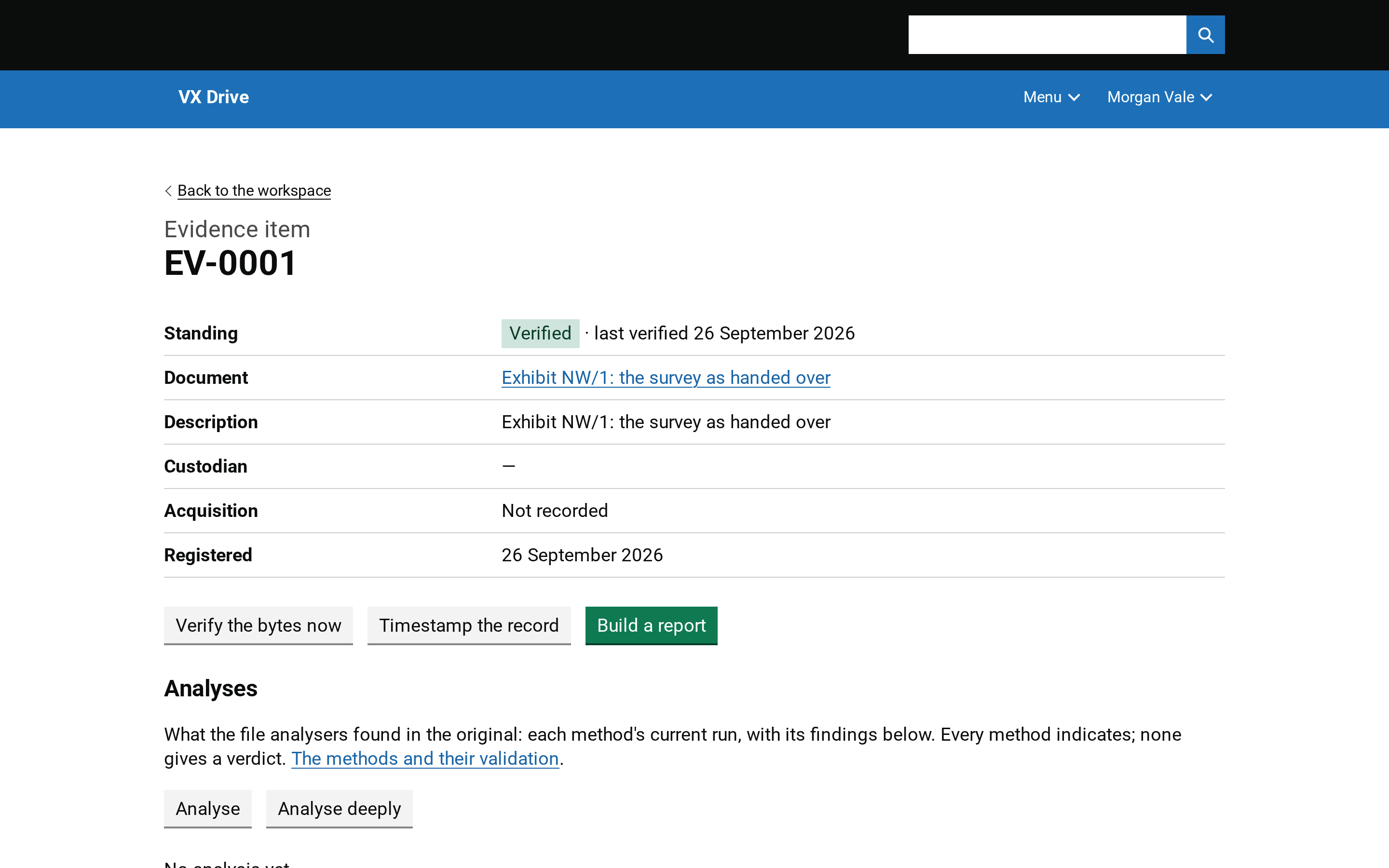 An evidence item’s page: its hashes as recorded and as read back, the custody record entry by entry with each entry’s hash, and an examiner’s note.