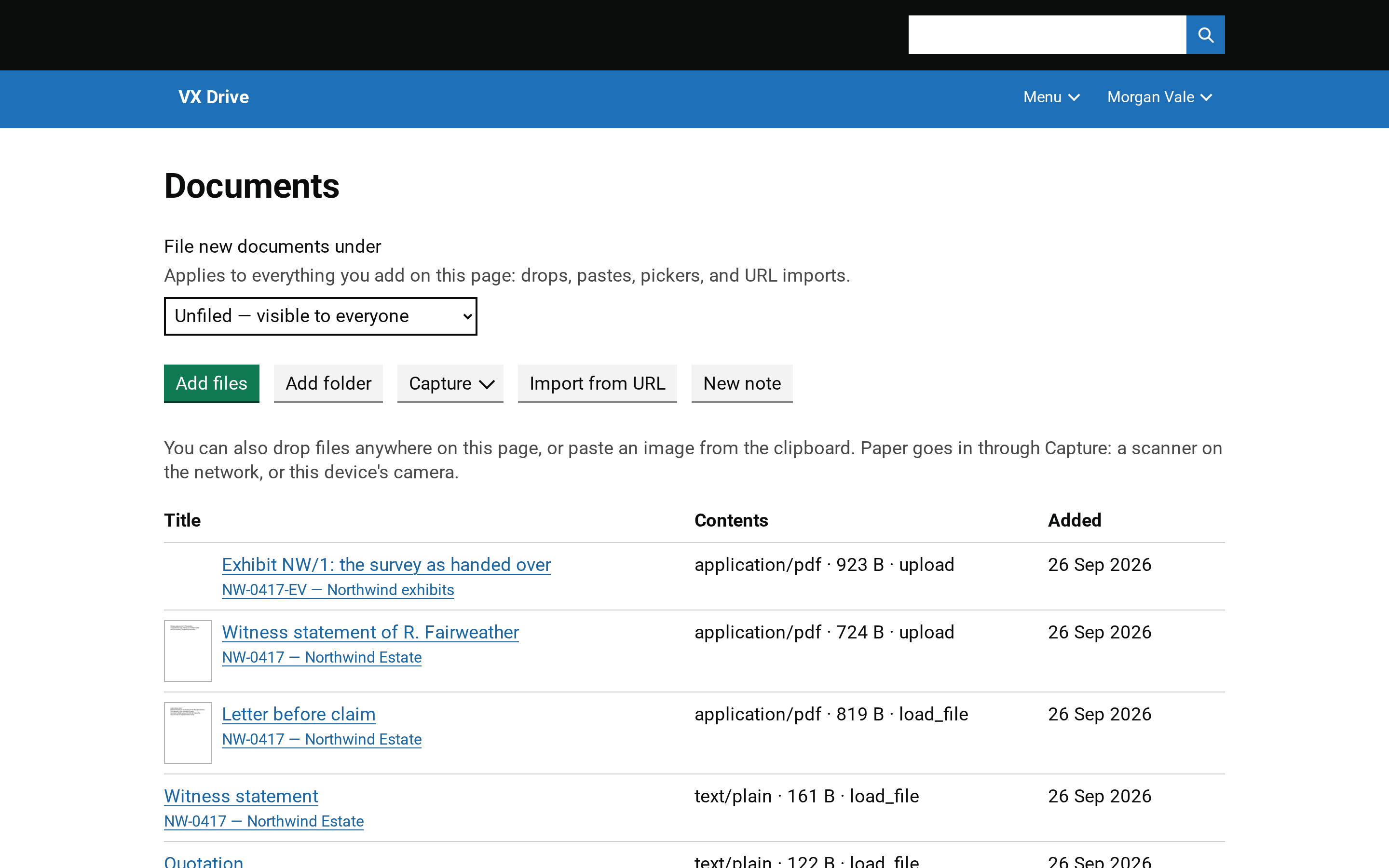 The documents list: a survey report, minutes, a photograph, a recording, an e-mail with its attachments and a letter, each with its kind and its state.