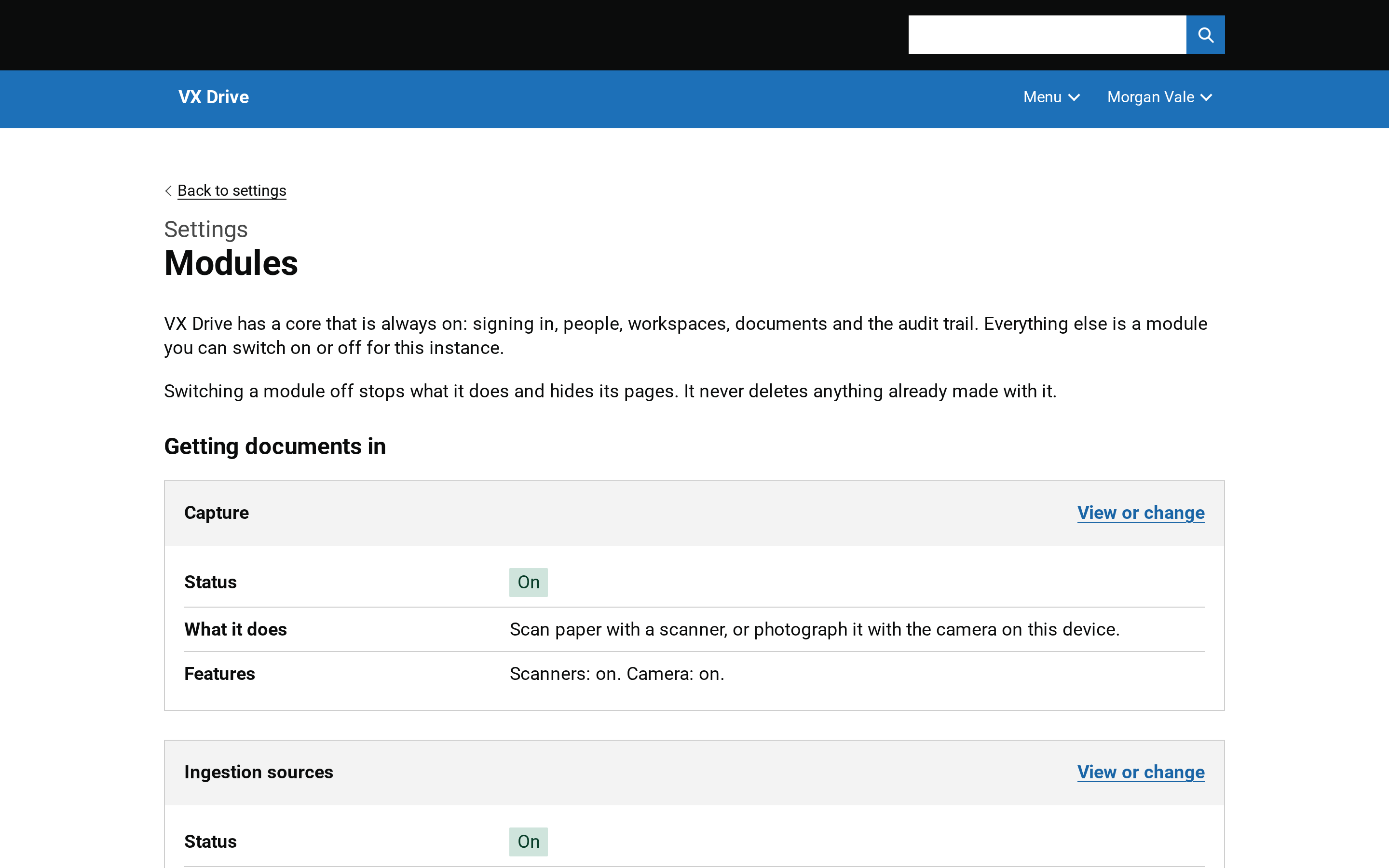 The modules page: every module with its standing — on, off, not available — and what it needs.