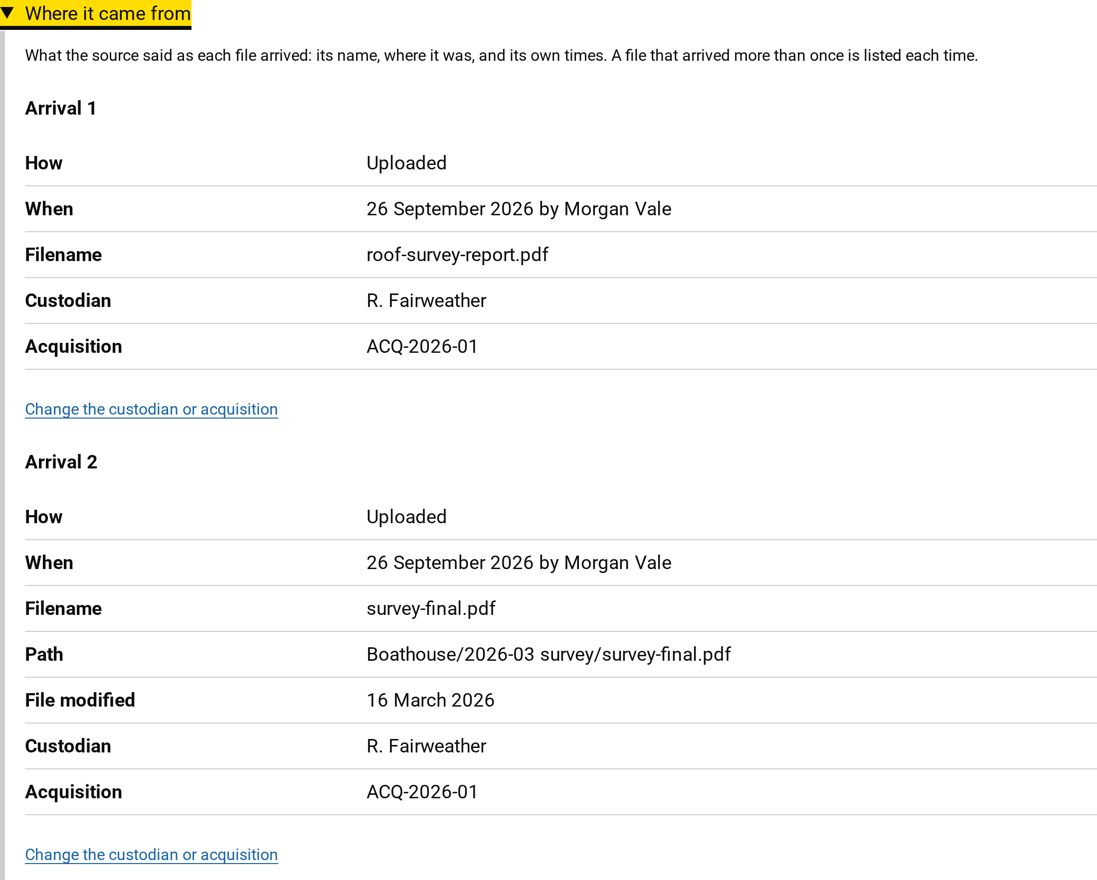 Where a document came from: its arrival by upload with the file’s name and time, the custodian who held it and the acquisition it belongs to.