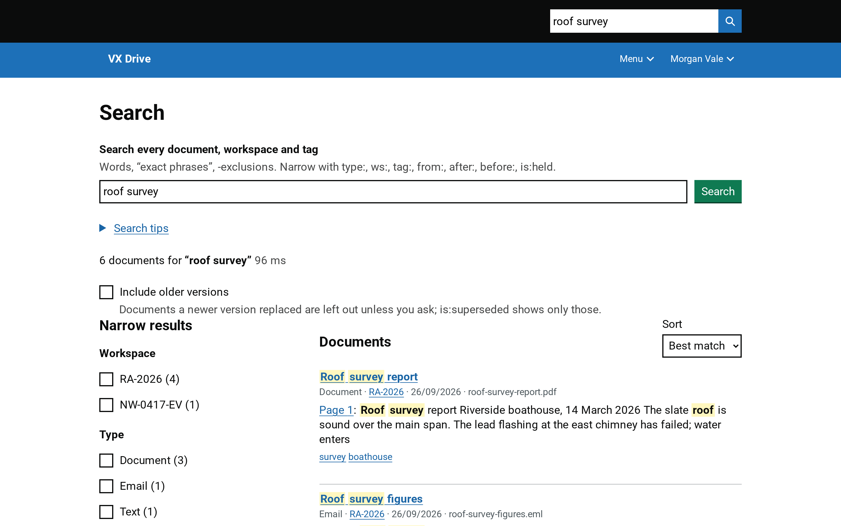 Search results for “roof survey”: a page of the survey report, the minutes, the architect’s letter and the e-mail, each with the words that matched.